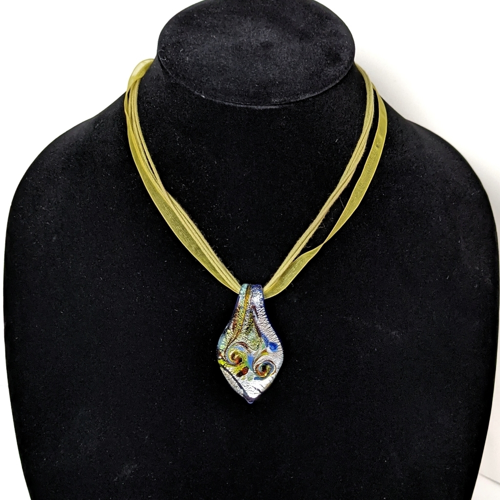 Blown Glass Pendant Necklace Cobalt Blue Silver Green